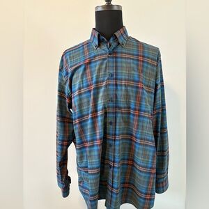 Wonderful plaid style design with blue being main color, orange secondary